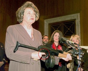 Senator Diane Feinstein recklessly endangers audience.  Real gun.  Magazine inserted.  FINGER ON THE TRIGGER.  And, she POINTING IT AT THE AUDIENCE.