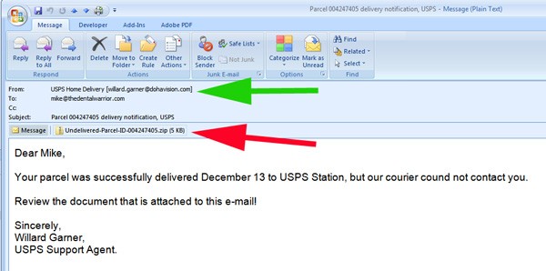 Notice the "from" email address (green arrow). It's not a UPS address. The email asks you to open the attached file (red arrow). Do. NOT. Do. That!