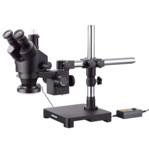 3.5X-45X Black Trinocular Stereo Zoom Microscope on Single Arm Boom Stand